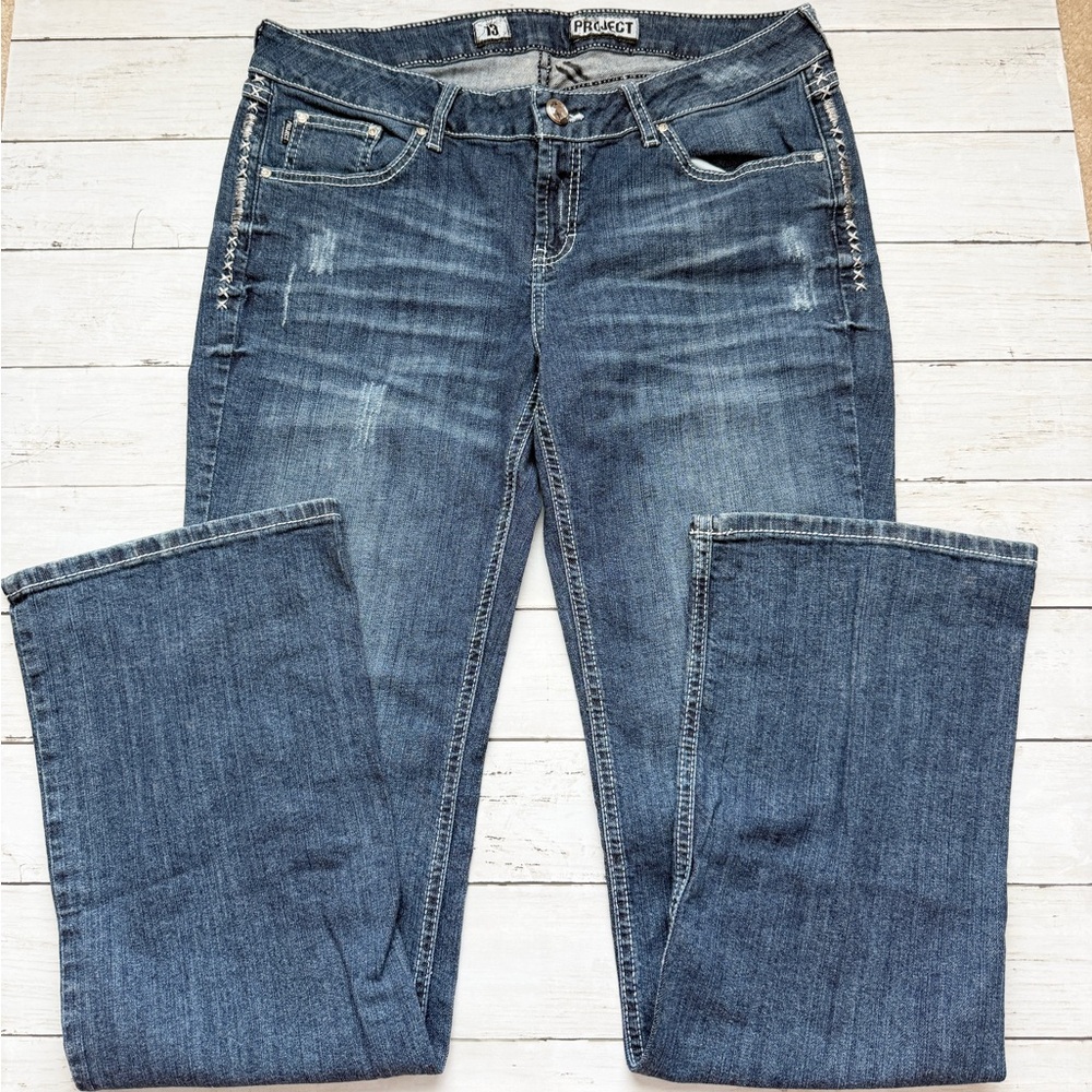 Project Jeans Womens 13 Bootcut Distressed Y2K Embroidered Pocket Stretch Denim
